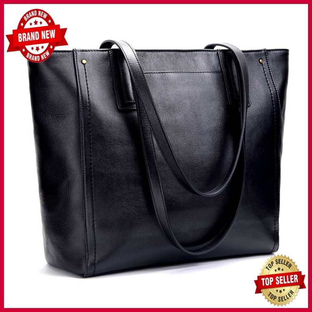 Large Genuine Leather Work Tote with Laptop Sleeve and Zipper